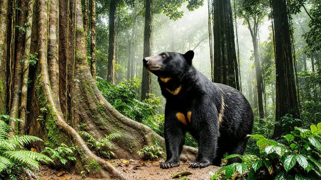 Sun Bear Pauses Beside Giant Buttress Root In Lush Rainforest, Sniffing Environment's Rich Scents