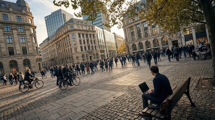 Obraz premium In a bustling urban square filled with people, cyclists weave through enthusiastic crowds. A person sits on a bench, focused on a laptop, soaking in the vibrant atmosphere as sunlight fills the scene.