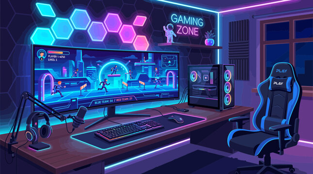 Ultimate Gaming Setup with Futuristic Neon Lights and High Tech Gear