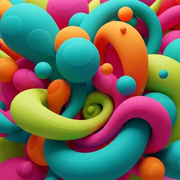 Vibrant 3D Abstract Background with Colorful Organic Shapes and Spheres.
