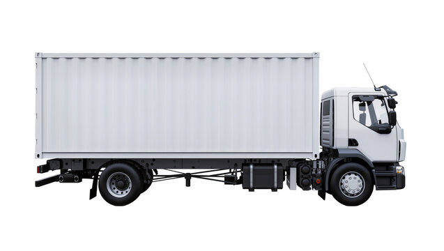 White delivery truck with corrugated cargo container, isolated on transparent background