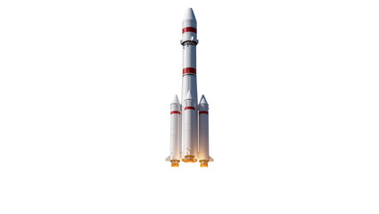 Tall white and red striped rocket ship with booster rockets, isolated on transparent background © pixogram