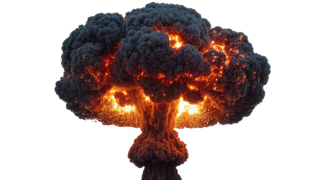 Massive mushroom cloud explosion with fiery orange glow, isolated on transparent background