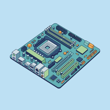Isometric pixel art illustration of a computer motherboard