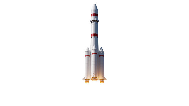 Tall white and red striped rocket ship with booster rockets, isolated on transparent background