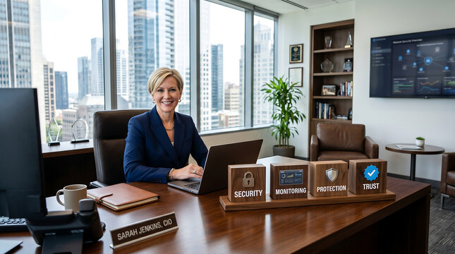 Woman executive sits at a large desk, four wooden blocks in foreground labeled security, monitoring, protection, trust, office window with city view in background.