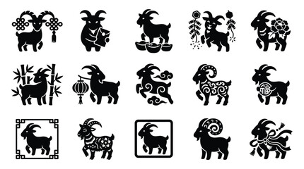 Obraz premium Collection of Chinese Zodiac Goat Silhouettes with Traditional Decorative Elements.