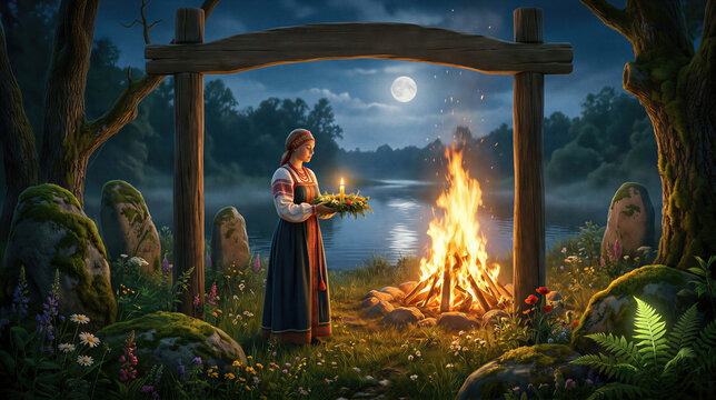 Woman dressed in traditional Slavic clothing holding a ritual wreath with a candle near a bonfire at night. Ivan Kupala celebration during a full moon. Folklore ceremony and ancient mystery.