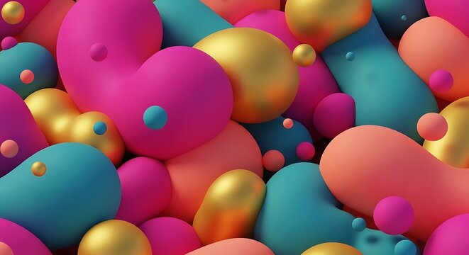 Vibrant 3D abstract blobs in pink teal and gold.