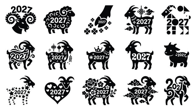 Collection of stylized goat and sheep icons with the year 2027, representing the Chinese zodiac animal.