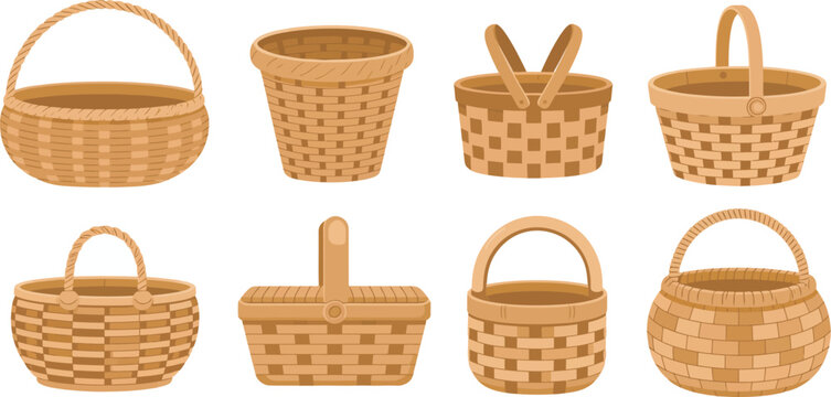 Set of woven wicker baskets and picnic hamper vector icons illustration representing outdoor dining, picnic lifestyle and rustic storage container concepts.