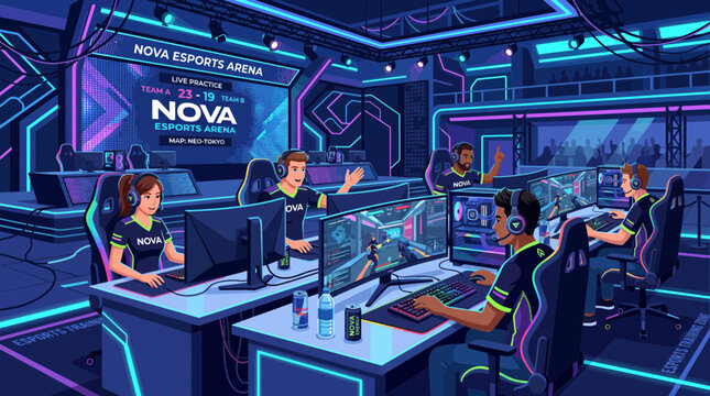 Competitive Esports Team Practicing in HighTech Gaming Arena