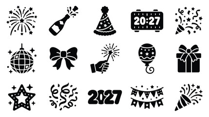 Obraz premium Collection of New Year's Eve celebration icons and symbols for 2027.