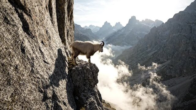 Agile Mountain Goat Stands Proudly on a Narrow Rocky Ledge Amidst a Dramatic Alpine Landscape