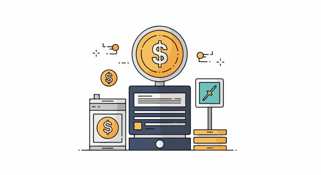 A computer and printer with a large coin on top and money symbols
