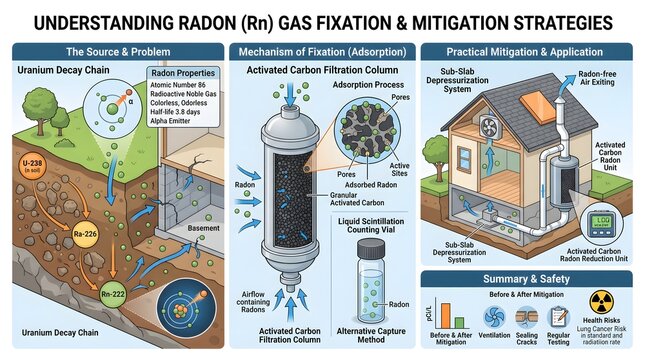 Understanding radon (Rn) gas fixation and mitigation strategies diagram illustrating uranium decay chain, activated carbon filtration columns in laboratories, and practical building approaches such as