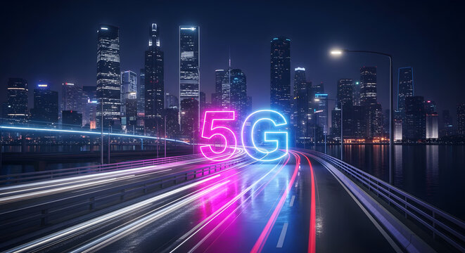5g technology concept with glowing neon text over a modern city highway at night