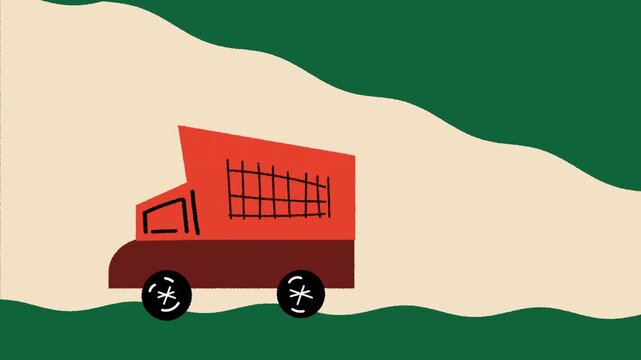 Hand-drawn illustrated orange food truck against green wavy video background