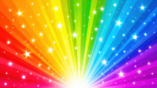 Bright rainbow sunburst background with glowing sparkles and vibrant light rays