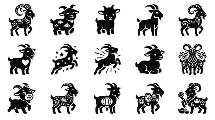 Obraz premium Collection of stylized goat and sheep illustrations in black and white, representing zodiac signs and symbols.