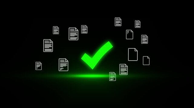 Neon glowing document verification blockchain network with digital check mark icon showing secure data validation system, online approval process, and cyber security technology concept 4k animated.