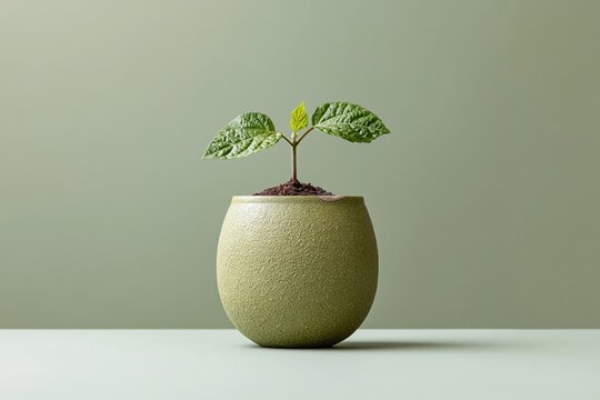 Small green ceramic planter with a young seedling growing in soil against a minimal background for sustainable gardening, eco branding and nature conservation concepts