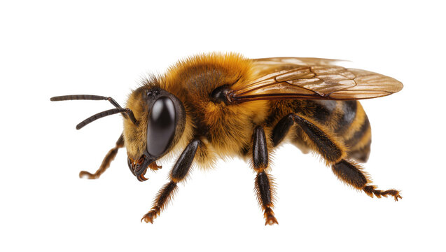 Detailed honey bee with fuzzy thorax and striped abdomen, isolated on transparent background