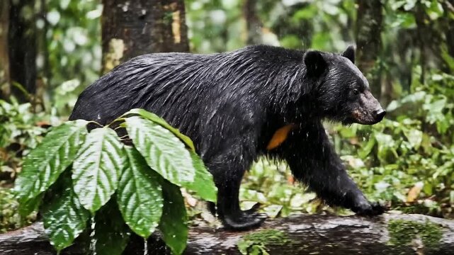 Sun Bear With Glistening Wet Fur Walking Through Tropical Rainforest Amidst Rainy Weather