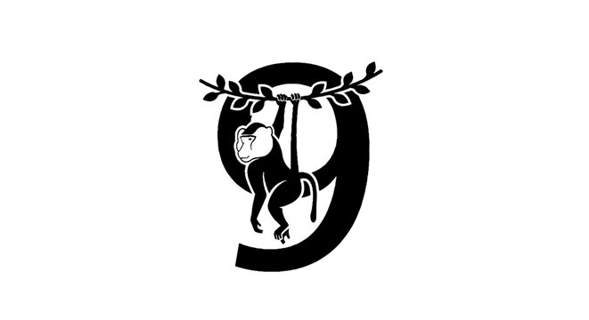 Monkey hanging from letter G branch design.