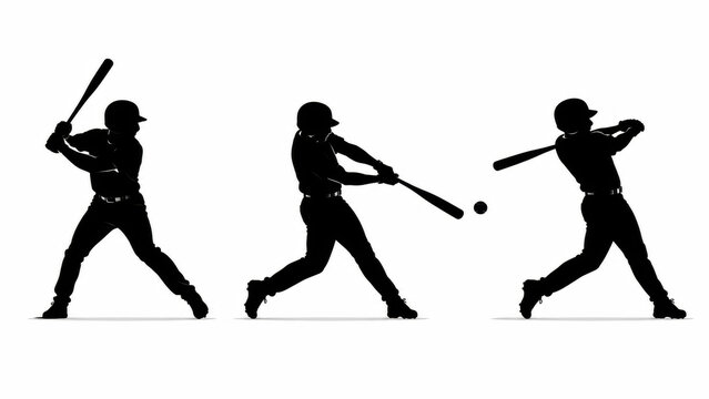 Black silhouettes of a baseball player hitting the ball in a sequence of movements