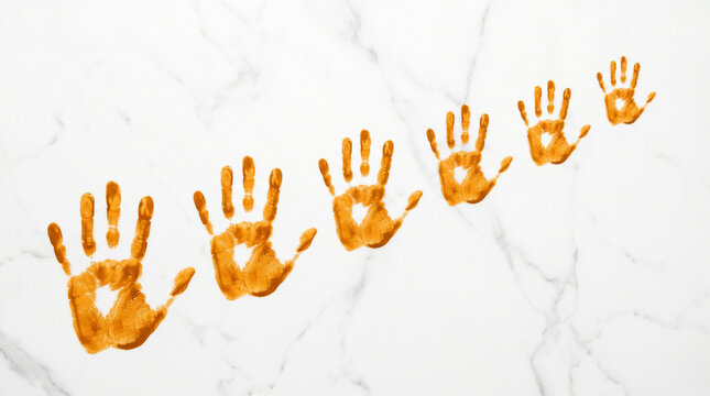 Row of Orange Handprints Fading on a Marble Surface