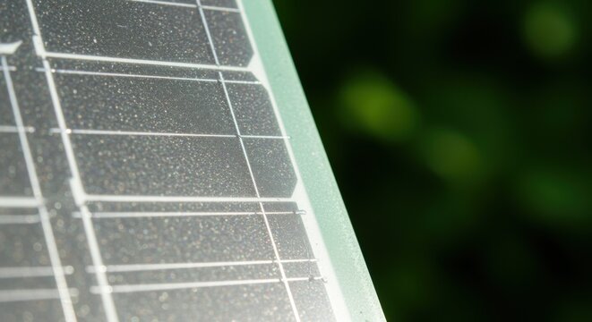 Solar panel surface close up showing silicon wafer texture and conductive busbars for clean energy advertising, technology backgrounds and environmental web design