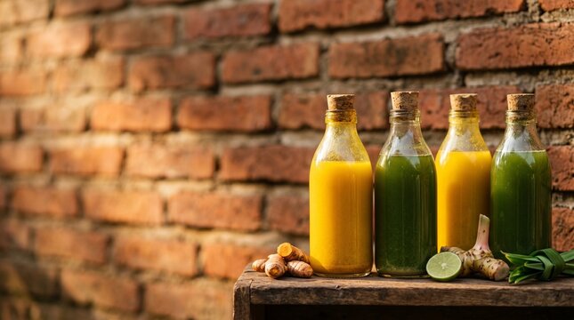 Traditional Indonesian Jamu Herbal Drink Bottles on Rustic Brick Wall