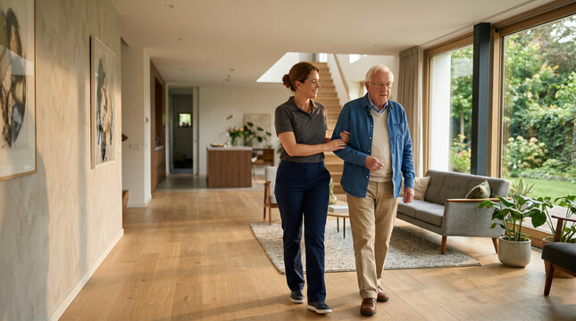Caregiver Assisting an Elderly Man Walking at Home