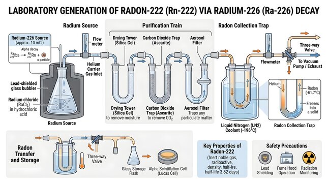 Laboratory generation of radon‑222 (Rn‑222) via radium‑226 decay: detailed flow diagram of radon source flask, purification train, drying and charcoal traps, collection vessel, transfer and storage sy