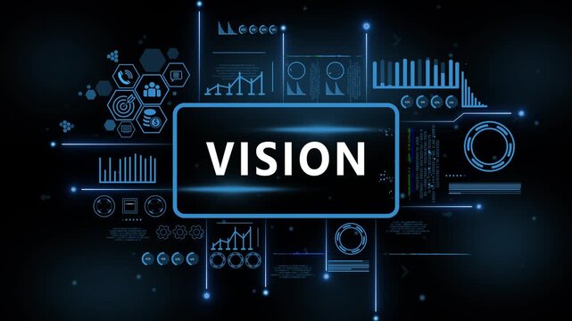 Digital Vision interface with data analytics charts graphs and icons for business technology and finance concepts. 4k motion video. isolated on black background.