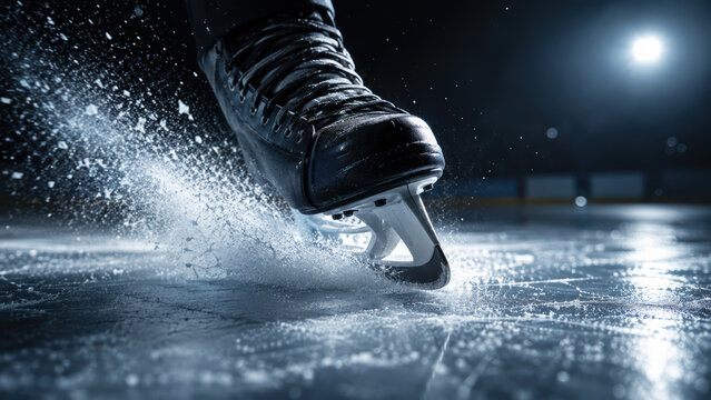 Close up of ice hockey player skate blade stopping fast on the cold dark arena rink