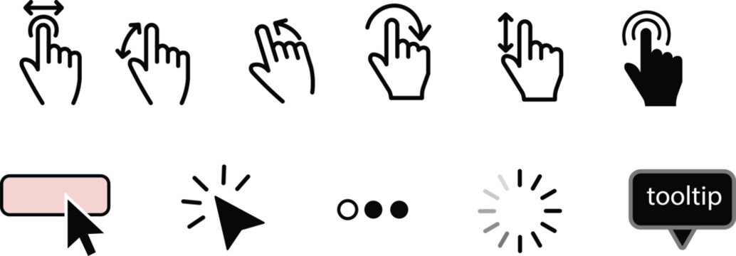 Cursor icons set with computer mouse pointers, web UI click buttons, , touch screen signs, click, swipe, pinch, drag, toggle switch, checkbox, radio button, hand click pointers, star ratings, and togg