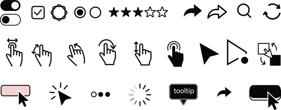 Cursor icons set with computer mouse pointers, web UI click buttons, , touch screen signs, click, swipe, pinch, drag, toggle switch, checkbox, radio button, hand click pointers, star ratings, and togg