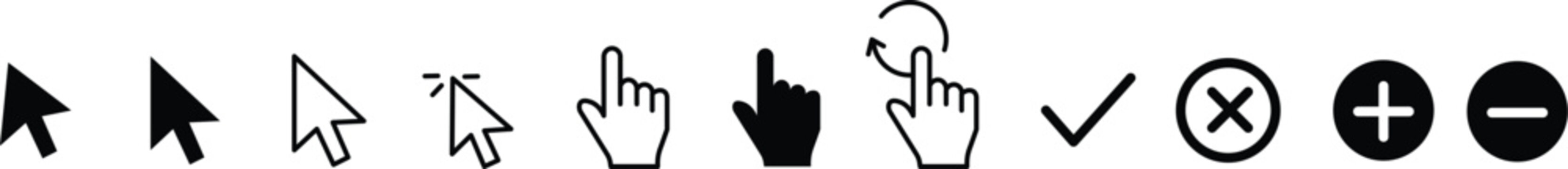 Cursor icons set with computer mouse pointers, web UI click buttons, , touch screen signs, click, swipe, pinch, drag, toggle switch, checkbox, radio button, hand click pointers, star ratings, and togg
