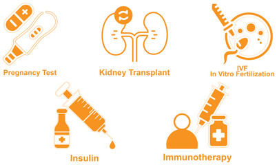 Naklejka premium Editable reproductive and therapeutic medical icon set featuring pregnancy test, kidney transplant, in vitro fertilization, insulin, and immunotherapy symbols for fertility care vector design.
