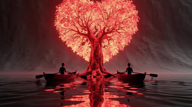 Two boats approach a glowing heart-shaped tree reflected in dark water