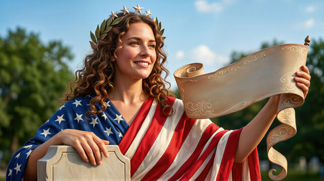 Woman dressed in flag of USA holding empty parchment scroll. Conceptual personification of liberty celebrating Independence Day. Patriotic symbol of national pride and historical freedom.