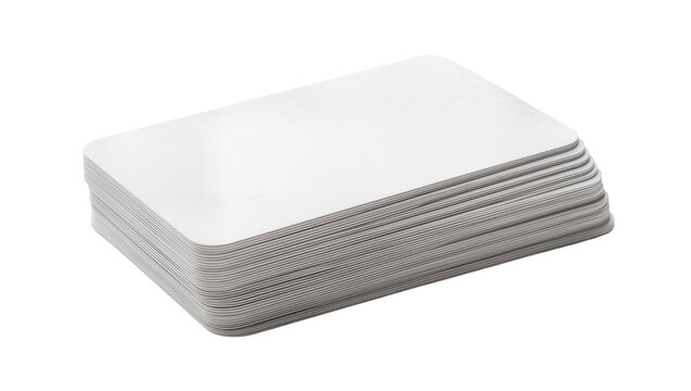 Stack of blank white plastic cards with rounded corners, isolated on transparent background