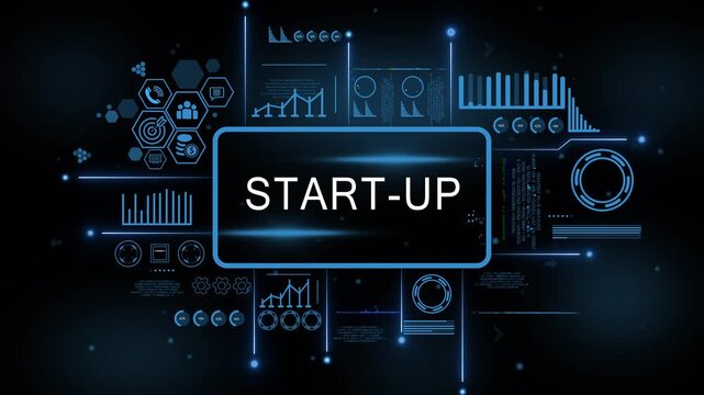 Digital Start-up interface with data analytics charts graphs and icons for business technology and finance concepts. 4k motion video. isolated on black background.