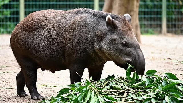 Tapir Feeding On A Pile Of Fresh Leafy Greens In A Clean Natural Habitat, Showcasing Its Distinct Appearance In A Zoo Environment