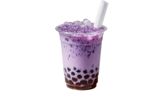 Purple taro bubble tea with tapioca pearls and crushed ice, isolated on transparent background