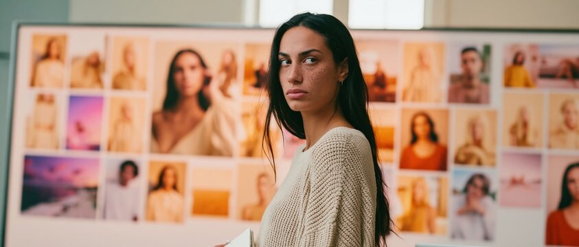 Young woman with an uncertain expression standing before a blurred digital interface mockup for social media analysis, content saturation and digital culture essays