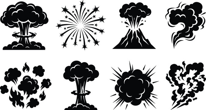 Explosion and smoke silhouette collection, blast firework volcanic effects set, disaster vector illustration design