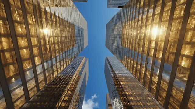 Looking up at modern golden glass skyscrapers against a clear blue sky